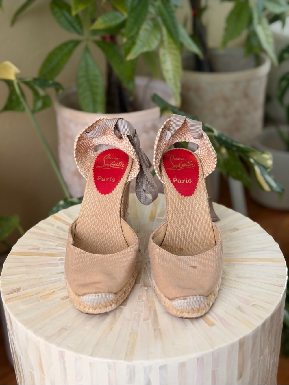 Christian Louboutin Beige Espadrille Wedge Sandals with Ankle Tie 37 / 7
